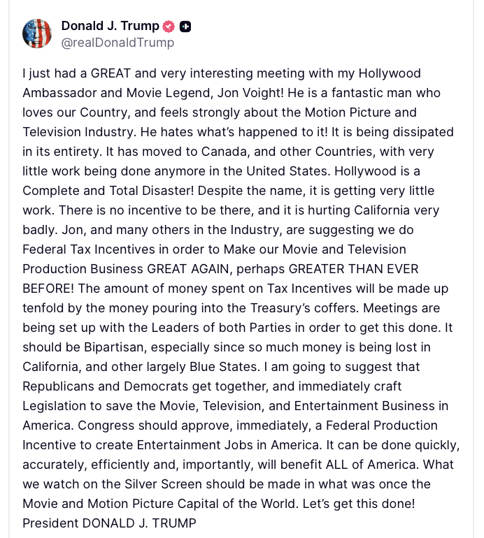 SonnyBunch's tweet photo. Will be curious to see how both parties react to this. Unclear if Republicans will want to sign on to something that will be tagged as "sending money to Hollywood libs" or if Democrats will want to back something Trump wants. https://t.co/FhTp7AyMxY