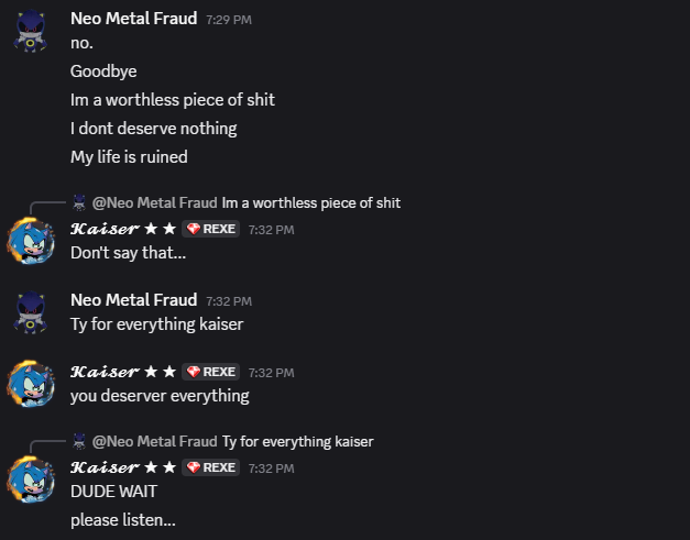 SirKnightOfWind's tweet photo. ~𝒦𝒶𝒾𝓈𝑒𝓇~

PLEASE, someone i need SOMEONE CLOSE TO CHRONO TO TALK TO THEM.

I thought he was doing okay yesterday, we were talking and sending memes to each other happily.

But seems like i was wrong, he contacted me saying that he didn't deserver anything.

+ https://t.co/NxAqQm7cSa