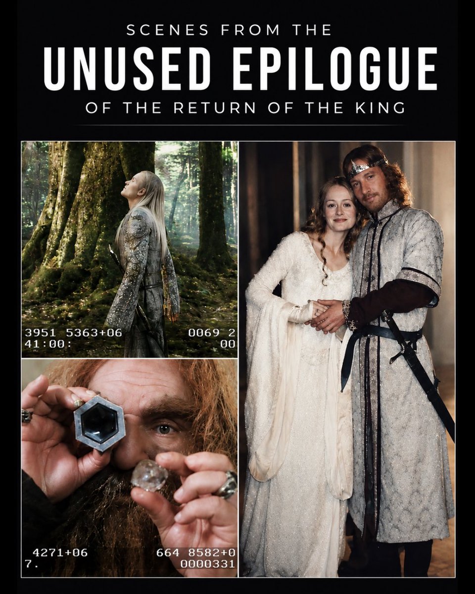 TolkienWorldG's tweet photo. Peter Jackson filmed an unused epilogue showing what became of several characters after Aragorn’s coronation, including Legolas in Ithilien, Gimli exploring the Glittering Caves, and the wedding of Faramir and Éowyn.

He decided the film already had enough endings, so the scenes were left on the cutting-room floor. More than 20 years later, we know this footage exists but have still never seen it properly.

Release the second Extended Edition!