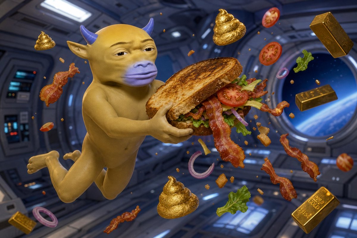 realNiushi's tweet photo. Bullshit in. Gold out. Lunch secured.

Even in zero gravity, $牛屎 keeps the fundamentals stacked. 
#niúshǐ https://t.co/YGAPNcfVGU