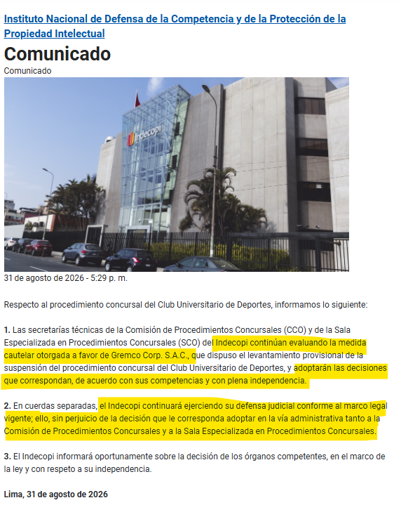 ricardoguerrab's tweet photo. #Universitario
El #Indecopi informa que su comisión y sala #concursal "CONTINÚA" evaluando la medida #cautelar a favor de #Gremco. Adoptará decisión con "plena independencia".
"En cuerdas separadas", ejerce defensa judicial ante una resolución sumamente cuestionada. https://t.co/nfMwA6eCL5