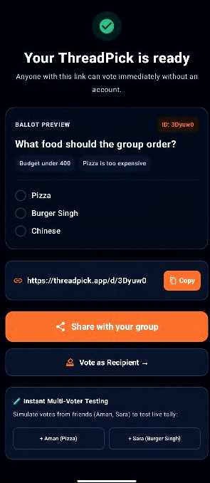 deepsignal_'s tweet photo. @Google Building ThreadPick with Gemini 3.7 Flash ⚡

Messy group chat → screenshot/paste → Gemini extracts the decision, options &amp; constraints → one clean link everyone can vote on.

Can’t decide? Screenshot it.

Early MVP — would love your team’s feedback 👇 https://t.co/iil8Ur2Z19
