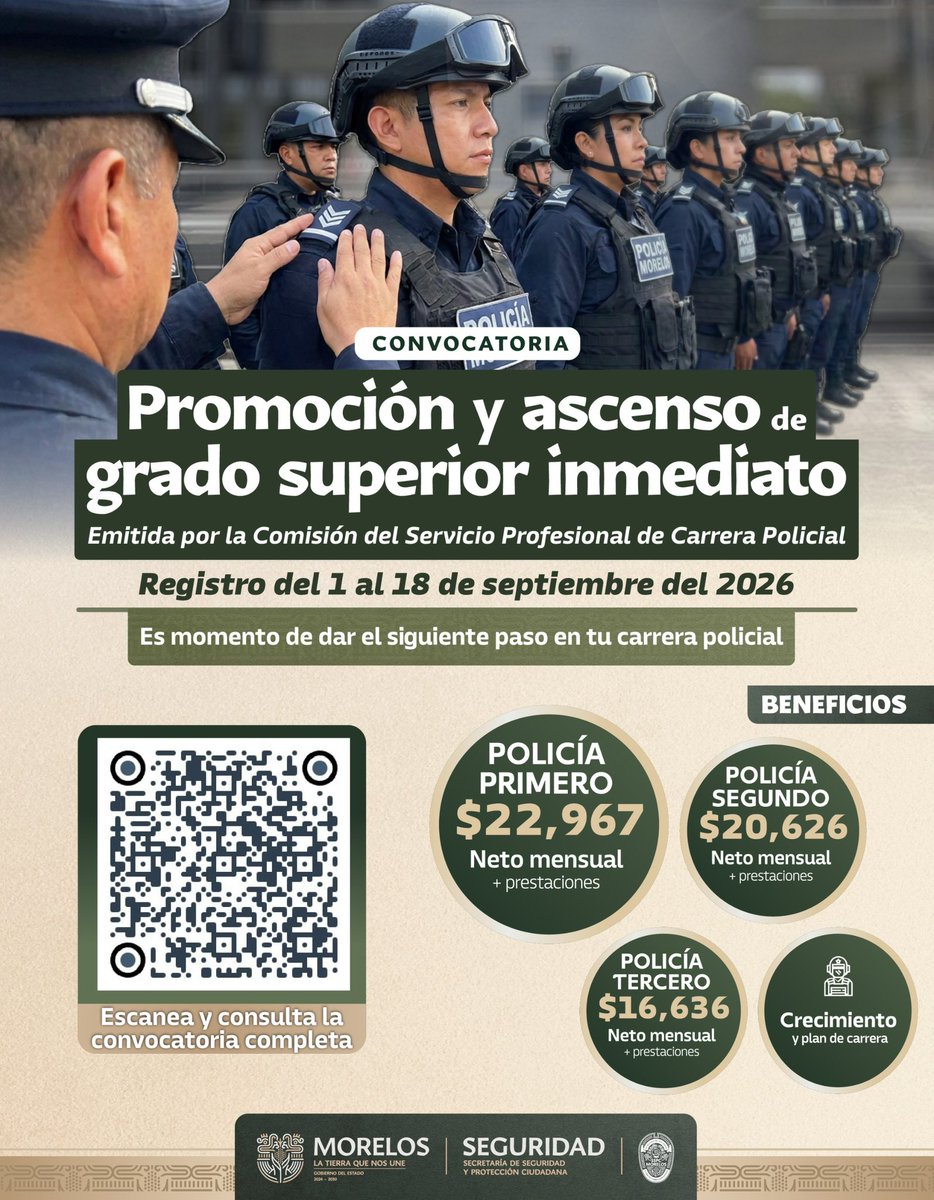 sspc_morelos's tweet photo. La Comisión del Servicio Profesional de Carrera Policial, emitió “Convocatoria de Promoción y Ascenso de Grado Superior Inmediato” donde podrán participar todas y todos los elementos policiales en activo

En el QR se puede consultar la convocatoria completa.

#LaTierraQueNosUne https://t.co/8NlmJSzrEd