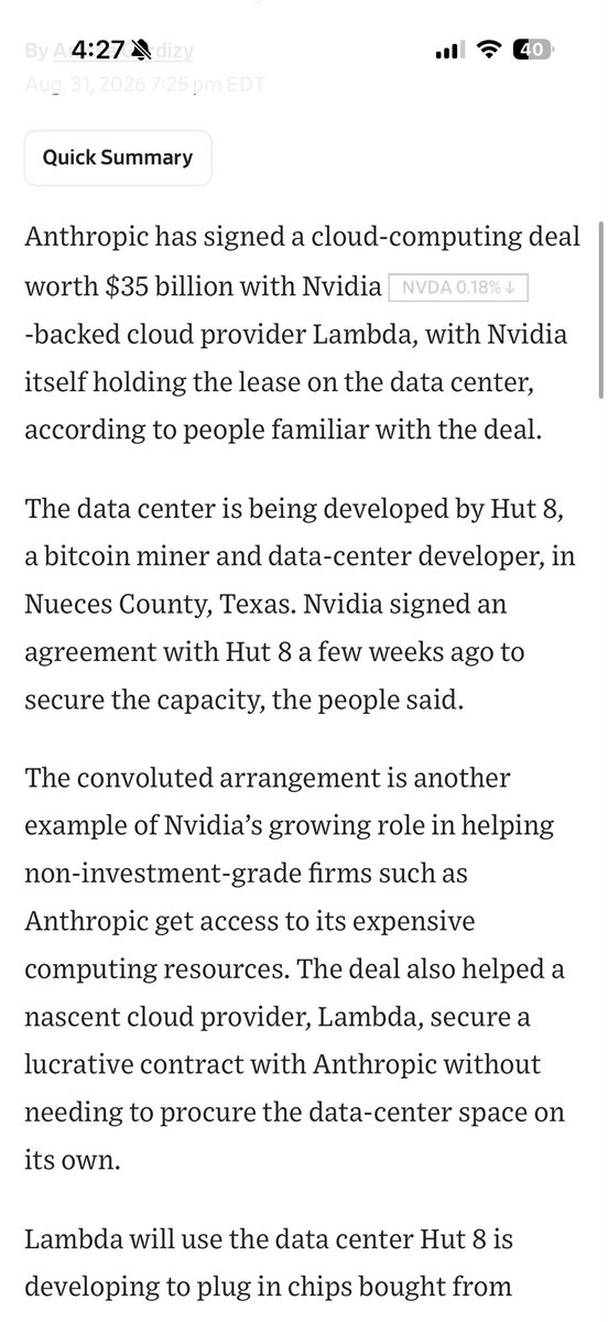 anissagardizy8's tweet photo. SCOOP: Anthropic signed a $35B cloud deal to rent GPUs from Lambda—at a Texas data center Nvidia leased from Hut 8.

🤯 hard to keep that one straight 

More details on the arrangement in my latest for @WSJ: https://t.co/jzaLZ5OiW0 https://t.co/0Wh5xrNhPS