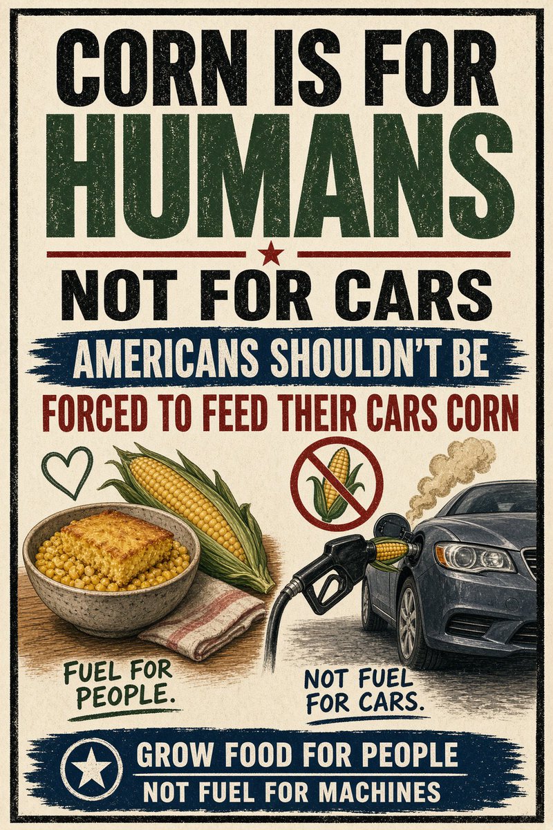 BasedMikeLee's tweet photo. Corn is for humans and livestock

Not for cars

Americans shouldn’t be forced to feed their cars corn https://t.co/sC4JfiXr8R