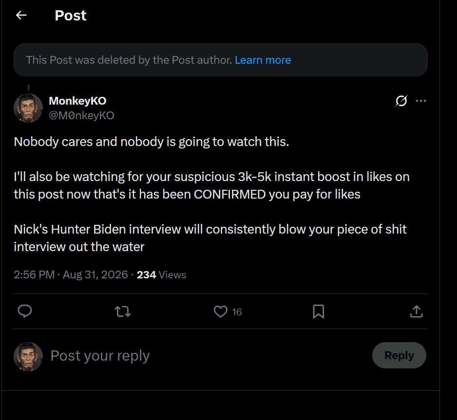 M0nkeyKO's tweet photo. @Crashout430 @sneako BRO HE DELETED HIS POST LINKING TO THE INTERVIEW AFTER IT GOT NO LIKES LMAOOOO

first pic is after almost an hour, second pic is 3-4 hours later lmao https://t.co/oMnjmotbLP