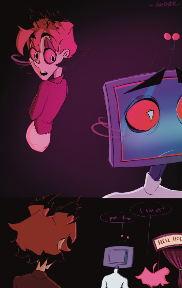 somatziam's tweet photo. Short little Radiostatic comic I’ve been working on (first time…kinda nervous) 🤭

yes, the yearning owns me…

(1/4)
For context: night out at the club, in the present. 
.
.
.
#radiostatic #murdermedia #voxal #vox #alastor #HazbinHotel #HazbinHotelfanarts #staticsilence https://t.co/nWHptx3MQA