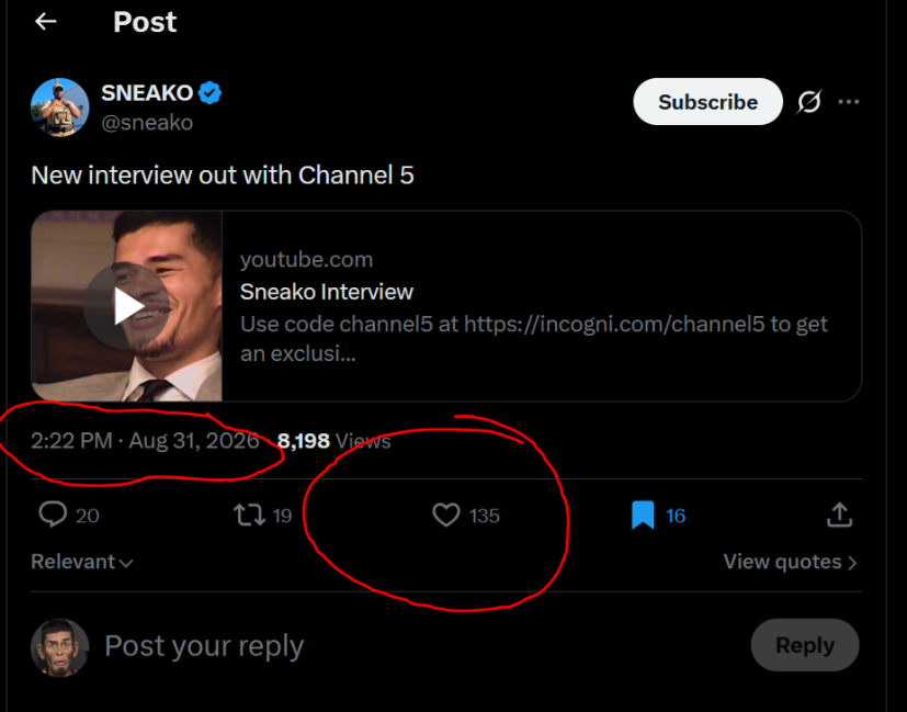 M0nkeyKO's tweet photo. @sneako Hey buddy why did you delete your Channel 5 Interview post? Is it because you were TOO SCARED to buy likes on X knowing you've been exposed? And you were so embarrassed that after almost TWO HOURS you had UNDER 200 LIKES? LMFAO https://t.co/EKnxakyZbB