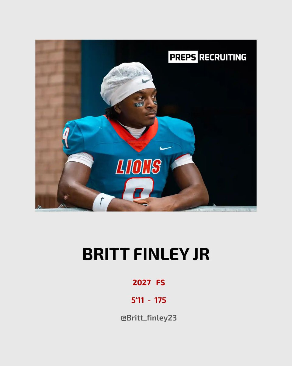 prepsrecruit's tweet photo. Eyes on the ball, instincts on point Britt Finley Jr. (@Britt_finley23) is ready to make his presence felt. 🏈🔥

A 2027 FS at 5'11", 175 lbs who brings range, awareness, and physicality to the secondary. With the ability to read the play, close space quickly, and make plays around the football, Britt has the tools to become a difference-maker on defense. 🛡️⚡

#PrepsRecruiting #Athlete2027 #FreeSafety #DefensiveBack #NextUp