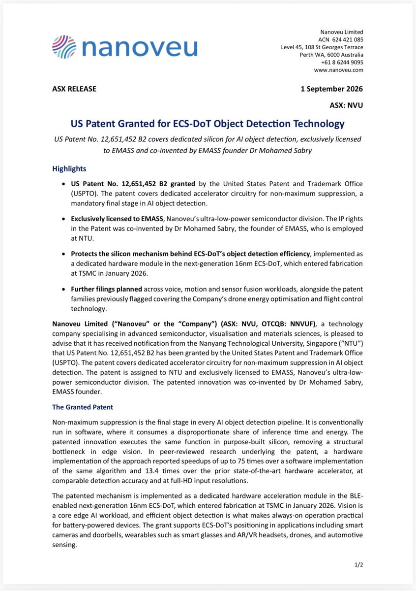 Stocksurfer_asx's tweet photo. $NVU 🔥🔥🔥

US Patent granted for $NVU’s ECS-DoT object detection tech.

Dedicated silicon accelerator for the final stage of AI object detection, exclusively licensed to #EMASS.

Up to 75x faster than software. Next gen 16nm chip now in fab at #TSMC. https://t.co/zXDRLIbsNs
