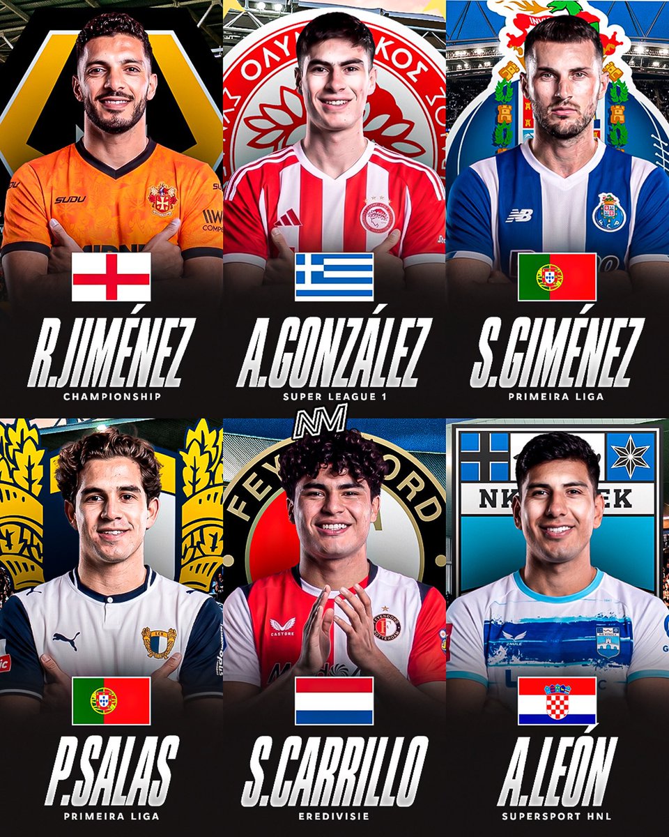 AllFutbolMX's tweet photo. 🚨🤯 NEW: THESE ARE OFFICIALLY THE SIX MEXICAN STRIKERS IN EUROPE THIS SEASON. 

🌟🏴󠁧󠁢󠁥󠁮󠁧󠁿 Raul Jimenez - Wolves 
🌟🇵🇹 Santiago Gimenez - FC Porto 
🌟🇬🇷 Armando Gonzalez - Olympiacos 
🌟🇵🇹 Patricio Salas - Famalicão 
🌟🇳🇱 Stephano Carrillo - Feyenoord 

👀🇭🇷 Armando León - A Mexican striker at NK Osijek, current leaders of Croatia’s first division, with already 2 goals scored in 4 starts.