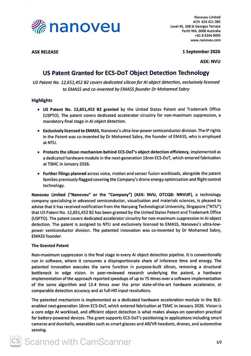 SalvadorMaurice's tweet photo. $NVU

US Patent Granted for #ECS-#DoT Object Detection Technology

US Patent No. 12,651,452 B2 covers dedicated silicon for Al object detection, exclusively licensed to #EMASS and co-invented by #EMASS founder Dr Mohamed Sabry

Exclusively licensed to #EMASS, Nanoveu's ultra-low-power semiconductor division. The IP rights in the Patent was co-invented by Dr Mohamed Sabry, the founder of #EMASS, who is employed at #NTU.

Protects the silicon mechanism behind ECS-DoT's object detection efficiency, implemented as a dedicated hardware module in the next-generation 16nm ECS-DoT, which entered fabrication at TSMC in January 2026.