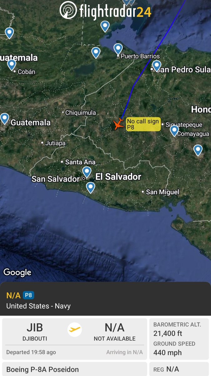 Borrowed7Time's tweet photo. USN P-8A Poseidon #AE67AA descending, will likely land at CSL Comalapa, El Salvador (SAL/MSLP) 
@sipjack1776 @LadyAstroJet @LatAmMilMVMTs https://t.co/NKilpgg7YF