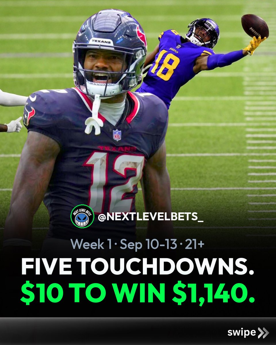 terminalup's tweet photo. Five touchdowns. Two continents. One ridiculous Week 1 sweat.

@NextLevelBets_ needs Davante Adams, Nico Collins, Amon Ra St. Brown, DeVonta Smith and Justin Jefferson to all find the end zone. A $10 wager could return $1,140.65 if every leg hits.

Is Jefferson the value or the trap?