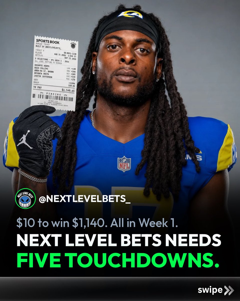 terminalup's tweet photo. Five touchdowns. Two continents. One ridiculous Week 1 sweat.

@NextLevelBets_ needs Davante Adams, Nico Collins, Amon Ra St. Brown, DeVonta Smith and Justin Jefferson to all find the end zone. A $10 wager could return $1,140.65 if every leg hits.

Is Jefferson the value or the trap?
