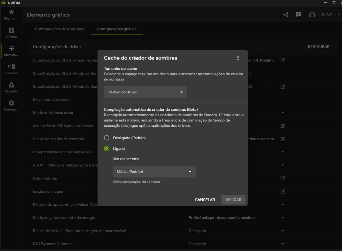 rafzd_'s tweet photo. Para quem tem nvidia recomendo ativar esse opção de cache de criador de sombras. Se ligado, o próprio driver fará os shaders quando o pc está com pouco uso. Isso tende a reduzir os stutters dos jogos com DX12. https://t.co/OND0wiu2Zr