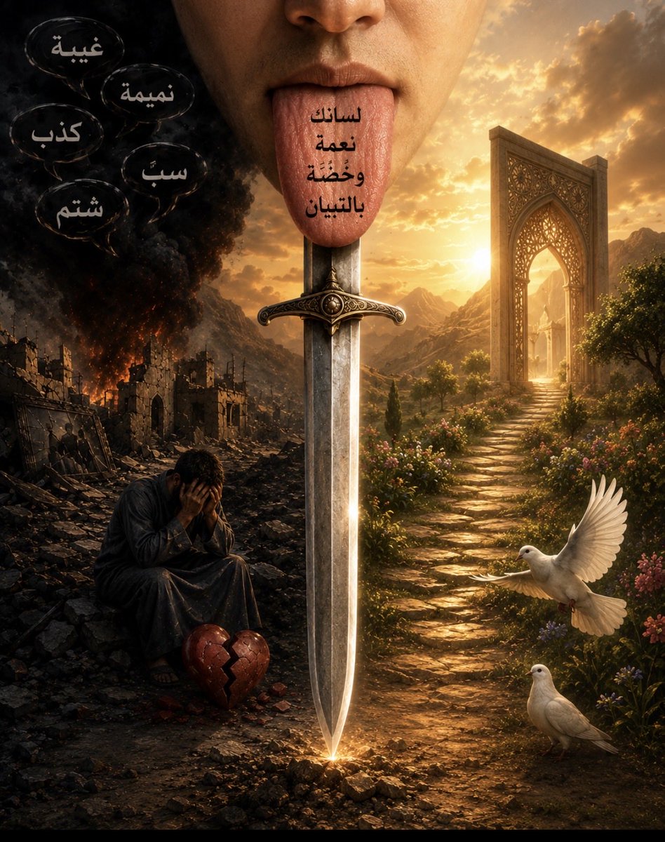 Kxaliq0's tweet photo. 1/قال الراوي👳🏾‍♂️🎤📻

(سيف الكلام)🗡️

اللسان نعمة عظيمة 
وهبها الله للإنسان.
به كان البيان 
واستشهد به الزمان
وبه تميزت العقول 
وترجمت المشاعر والأفكار 
إلى كلمات مسموعة. 
لكنه  سلاح ذو حدين ..
فقد تكون الكلمة 
جسرا للمحبة والإصلاح 
وقد تتحول إلى سيف جارح 
يهدم المودة 
ويفرق بين الأحبة 
ويشعل نار الخصومة.
حفظ اللسان 
من علامات الحكمة.
فليس كل ما يعرف 
أو يُسمع يقال 
وليس كل ما يقال 
يصلح أن يقال. 
وقد يكون الصمت 
في موضعه أبلغ من الكلام.
 قول الحق 
في موضعه شجاعة
 لا يملكها إلا أصحاب 
النفوس الكريمه
والهمم العاليه
والمواقف.الثابته.
فالكلمة أمانة 
وما يخرج من اللسان
 قد يبقى أثره في القلوب طويلا
فاجعل لسانك سيفا للحق..
لا سيفا للباطل.،
واجعل كلامك طيبا جميلا
 يترك أثرا حسنا 
ويكون لك لا عليك.
قبل أن !
(تحشرجُ  يوماً ويضيقَ بها الصدرُ)

موس🖌️🪷