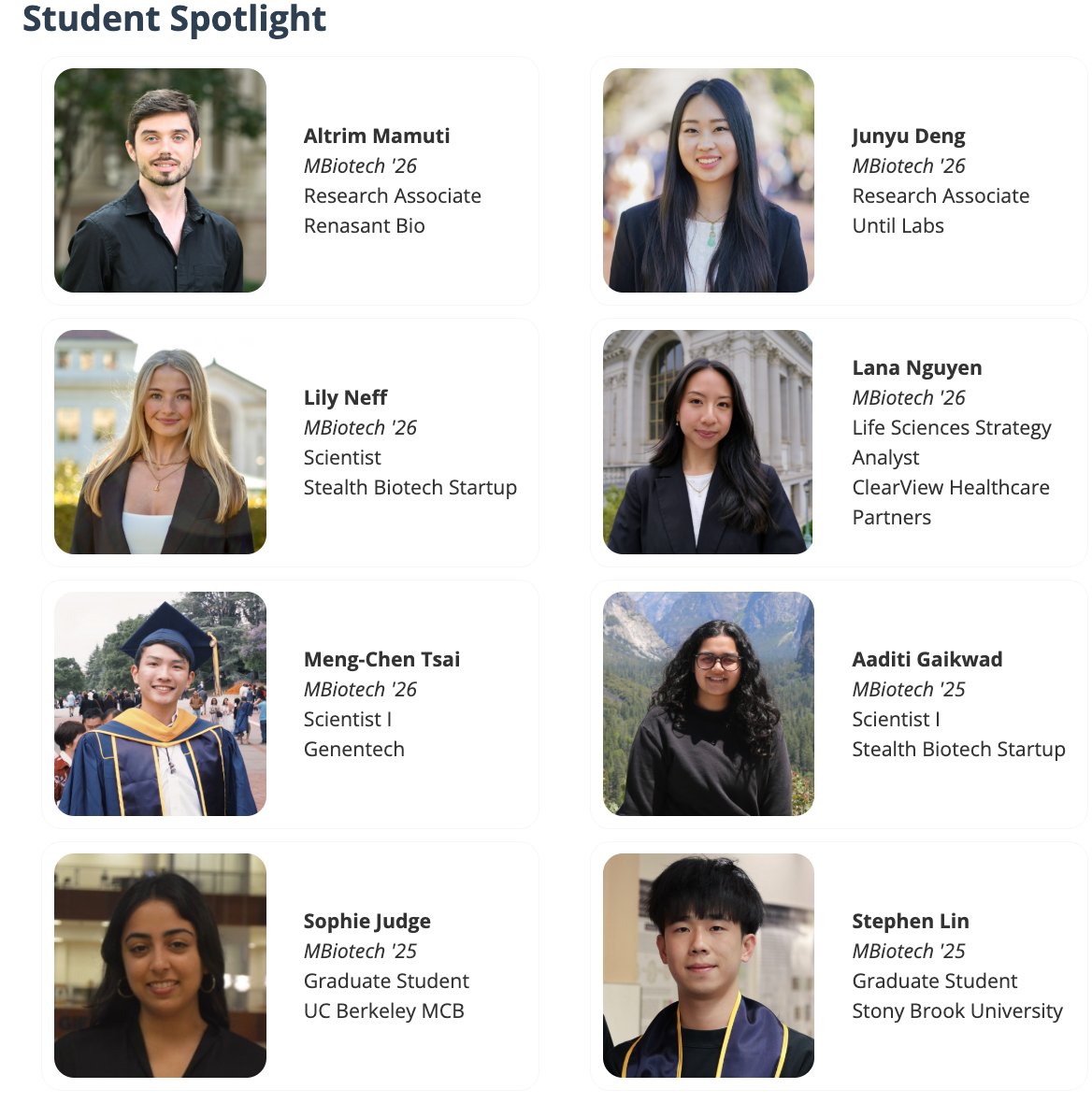 BerkeleyMBT's tweet photo. Explore the UC Berkeley MBT Student Spotlight page and learn how alumni are building paths in biotech strategy, AI-driven therapeutics, academic research, and PhD preparation.
https://t.co/KpjUUdUkef https://t.co/JfHArSLdRL