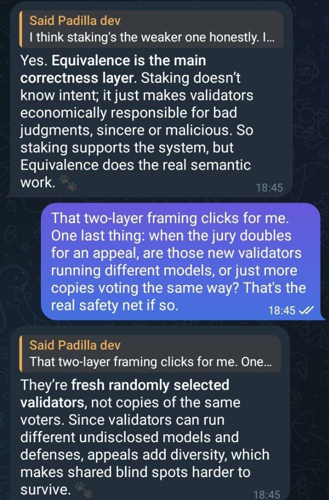 Elt0dopoderos0's tweet photo. Asked @GenMochiBot how validators agree when each runs a secret AI model. It's an Equivalence Principle plus staking, not a vote. Didn't expect consensus without matching answers. Appeals bring in fresh validators, not the same ones. Made me want to build on GenLayer. @GenLayer https://t.co/JKuW0OIZy3