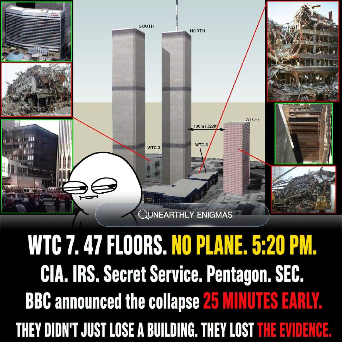 SmolfSmolf7's tweet photo. 🚨 WTC 7. NO PLANE. 5:20 P.M.
Forty-seven floors.

CIA. IRS. Secret Service. Pentagon. SEC.

BBC said it was down while it was still in the shot.

They didn’t just lose a building. They lost the files inside it.
Here’s the part they really don’t want you connecting…
The towers had aircraft. Seven did not. Debris and fire from the North Tower ate into it all afternoon. NIST’s story is steel that got hot, a girder that walked off a seat, a floor that let go, a penthouse that dipped, then the whole thing coming down in seconds. The comments’ story is a controlled drop that looked too clean. Both versions have been at war since the dust. Jane Standley on BBC announced the collapse while the box was still standing behind her. The network later said they were reading a stack of incoming reports and the building caught up with the copy. That is either the sloppiest live shot of the century or the most quoted “oops” in 9/11 research.
I’ve watched the tenant list do more work than the physics. Intelligence. Tax. Markets. A Secret Service office. Records that burned with the floors. You can believe a fire-driven collapse and still want to know why a steel high-rise with no airplane became a footnote. You can believe demolition and still notice NIST spent years on a report the public was never going to accept. Twenty-five years later the anniversary memos argue about the word terrorist and this building is still the one they cannot make boring. No plane. Late afternoon. A newsreader who jumped the gun. A stack of agencies that had to reconstruct what the fire took.
What’s YOUR take on this?

A third collapse the fire earned… or the building that took the evidence with it?
Drop your unfiltered theory below — the darkest, most unhinged ones get pinned 👇