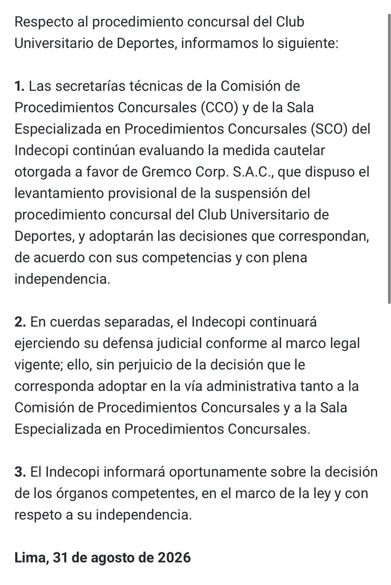 Gustavo_p4's tweet photo. 🚨 El INDE​​COPI se pronunció sobre el procedimiento concursal de Universitario de Deportes:,
➡️ Las secretarías técnicas de la CCO y la Sala Especializada en Procedimientos Concursales continúan evaluando la medida cautelar a favor de Gremco, que levantó provisionalmente la suspensión del procedimiento concursal.
➡️ Indecopi agrega que a la par continuará con su defensa judicial y que los órganos competentes tomarán las decisiones correspondientes con independencia.
➡️ La institución informará oportunamente cuando exista una decisión.