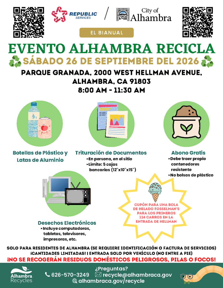 cityofalhambra's tweet photo. ♻️ Alhambra Recycles Event Returns this September! Join us on Saturday, September 26 from 8:00 - 11:30 AM at Granada Park.
🚗 DRIVE-THRU ONLY (No walk-ups)
🍦 Fosselman’s Ice Cream scoop voucher for the first 124 cars at the Hellman entrance! https://t.co/Z1mM9VCDei