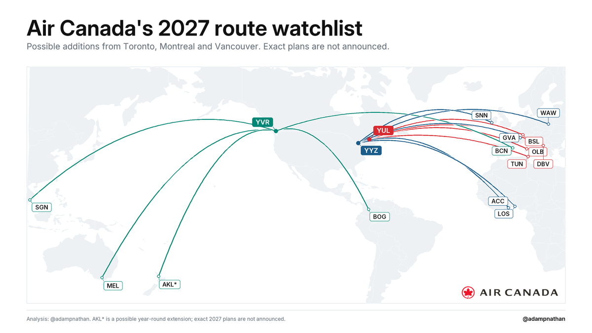 adampnathan's tweet photo. The rumor is Air Canada will announce a new batch of routes next week, after Labor Day.

I’ve heard of 14 possible additions across Toronto, Montreal and Vancouver. Some have stronger evidence than others.

Here are the places being rumored. https://t.co/kuSiTPrL8n