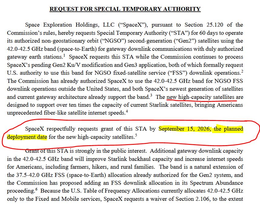 StarshipGazer's tweet photo. SpaceX filed a request with the FCC today that states Tuesday September 15th 2026 is the planned launch date/deployment date for new high-capacity orbital Starlink satellites via Starship Test Flight 14; confirming flight 14 is planned to be the first orbital Starship launch.  
https://t.co/oWeeHeyGpG