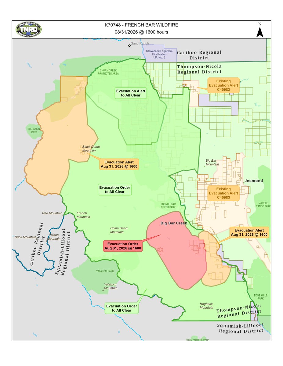 TNRD's tweet photo. The TNRD has downgraded an Evacuation Order to Evacuation Alert for approximately 4 addressed properties due to the French Bar Creek wildfire, effective August 31 at 4 pm.

Areas downgraded to Alert include Blackdome Mine and Watson Bar Road.

More info: https://t.co/B1VPyLaaxq https://t.co/RqVwQcxHUg