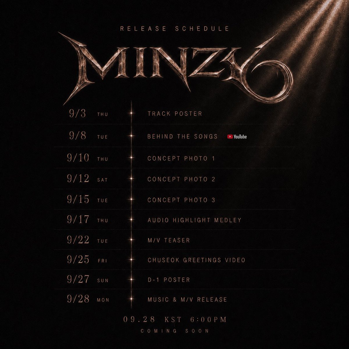 mingkki21's tweet photo. MINZY — RELEASE SCHEDULE

The countdown begins.
09.28 6PM KST

#MINZY #공민지 https://t.co/9FbUzgOsE7