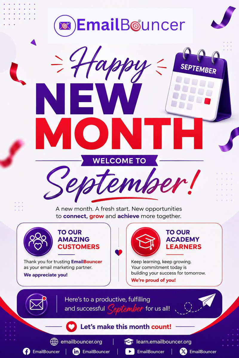 EmailBouncer's tweet photo. 🎉 HELLO, SEPTEMBER! 💜❤️

A new month. A fresh start. New opportunities to connect, grow, learn, and achieve more.

Happy New Month Everyone, make it count💪🤝 https://t.co/gsPLlh2Mt4