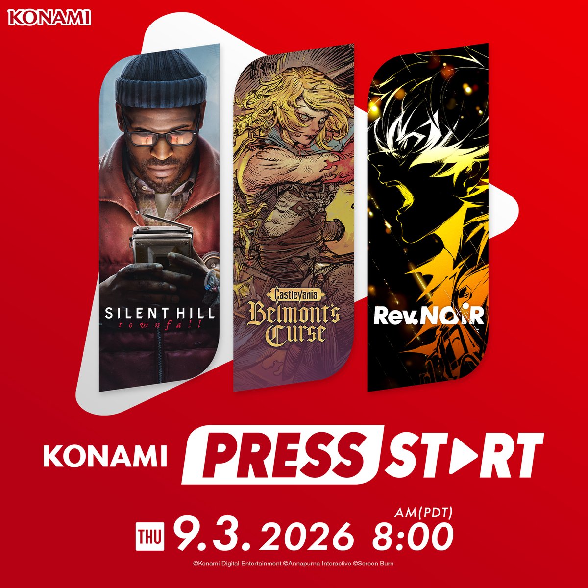 Konami's tweet photo. ⬆⬆⬇⬇📢 LIVE WORLDWIDE 📺⬅➡⬅➡

Tune in to the official program "KONAMI PRESS START,"
streaming worldwide on September 3 at 8:00 AM PDT!

"KONAMI PRESS START" is a showcase featuring the latest news and updates from KONAMI games.

This edition will highlight upcoming titles including Castlevania: Belmont’s Curse, coming on October 15, and SILENT HILL: Townfall, arriving on September 24, alongside brand-new gameplay footage and video messages from the development teams.

Also, Exclusive footage will be revealed during the broadcast.
Join us for a presentation packed with the latest news and updates from KONAMI.

Watch here: https://t.co/6Adb70f8yn

#KonamiPressStart

*There will be no announcements regarding a remake of SILENT HILL.
