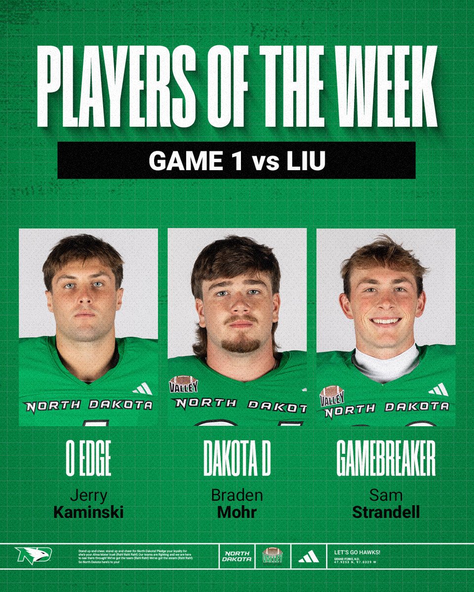 UNDfootball's tweet photo. Game 1 Players of the Week

#UNDproud | #LGH https://t.co/xIVPb9CRgd