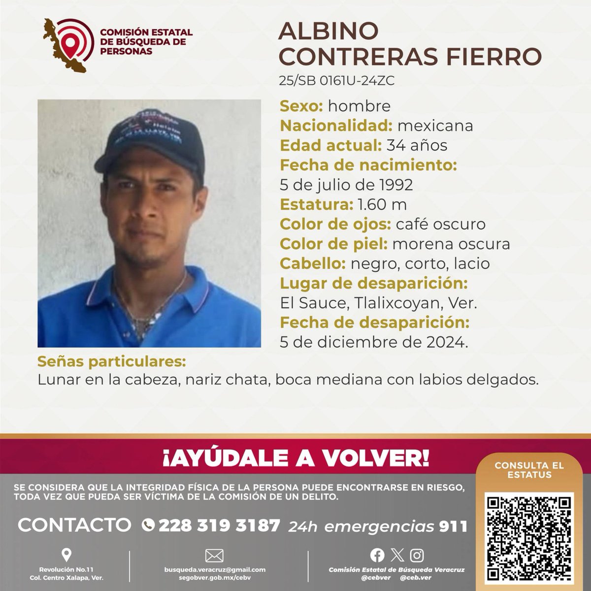cebver's tweet photo. Solicitamos su colaboración para localizar al C. Albino Contreras Fierro, cualquier información contactar al número y/o correo que aparece al margen de este boletín. 
#ElSauce #Tlalixcoyan #Veracruz https://t.co/ZZwWjrzzEs