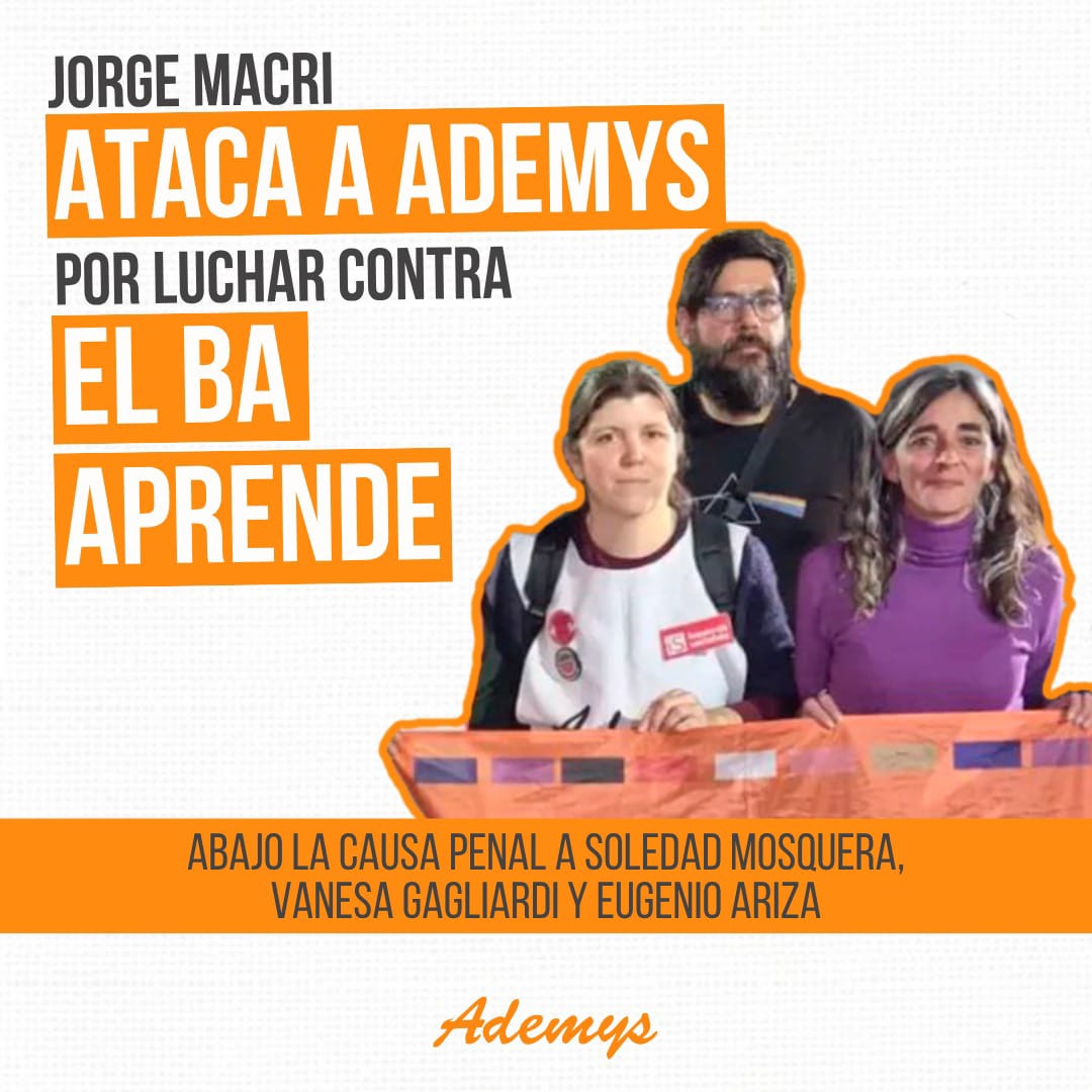 fedepuy's tweet photo. Jorge Macri vuelve a atacar a quienes damos batalla contra sus políticas de precarización educativa. Ahora avanza con un juicio penal contra mis compañeras y compañeros @Soledadm80 @VaneGagliardi y @EugenioAriza de la directiva de @AdemysPrensa 
¿El motivo? Organizarse junto a la comunidad de la Nini Marshall que dijo NO a la reforma BA Aprende. Toda nuestra solidaridad. ¡Seguiremos en las calles y en cada aula dando pelea hasta derrotarlo!