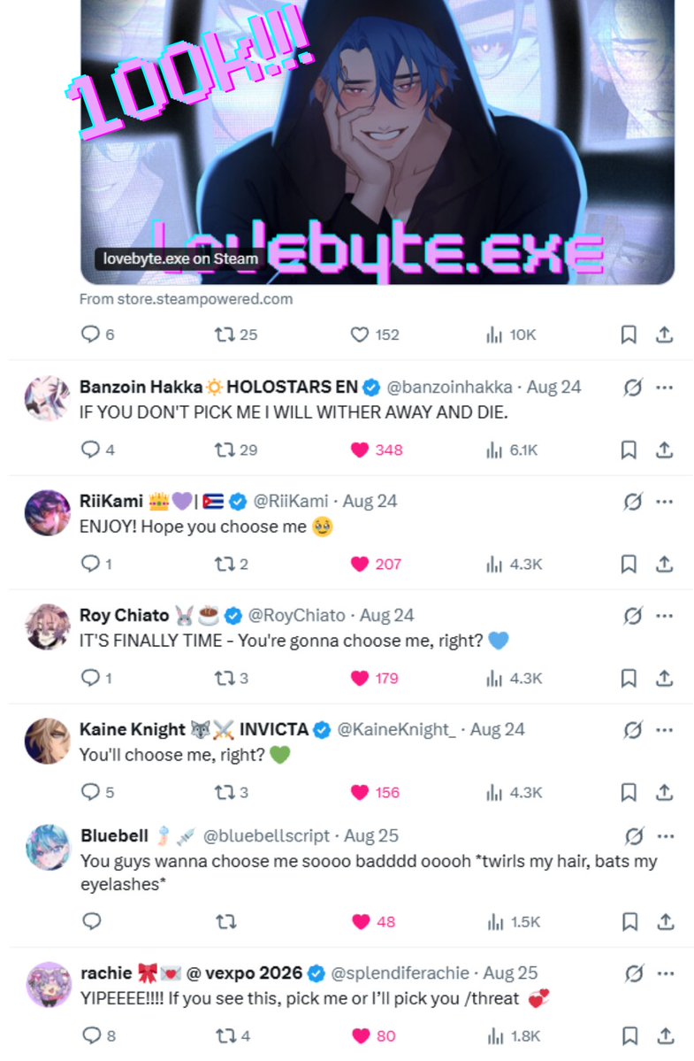 nochistudios's tweet photo. POV: every VTuber VA in your parasocial VTuber dating chatsim wants you to pick their route 👁️👄👁️

lovebyte.exe has surpassed 100k wishlists on Steam!! As a tiny indie dev team of 4ppl, we're absolutely blown away, THANK YOU 🫶

ICYMI: the game is out in Early Access & you can unlock the identities of all the love interests! Choose your route carefully though, will it be @RoyChiato @banzoinhakka @RiiKami @KaineKnight_ @bluebellscript @splendiferachie?🤭
