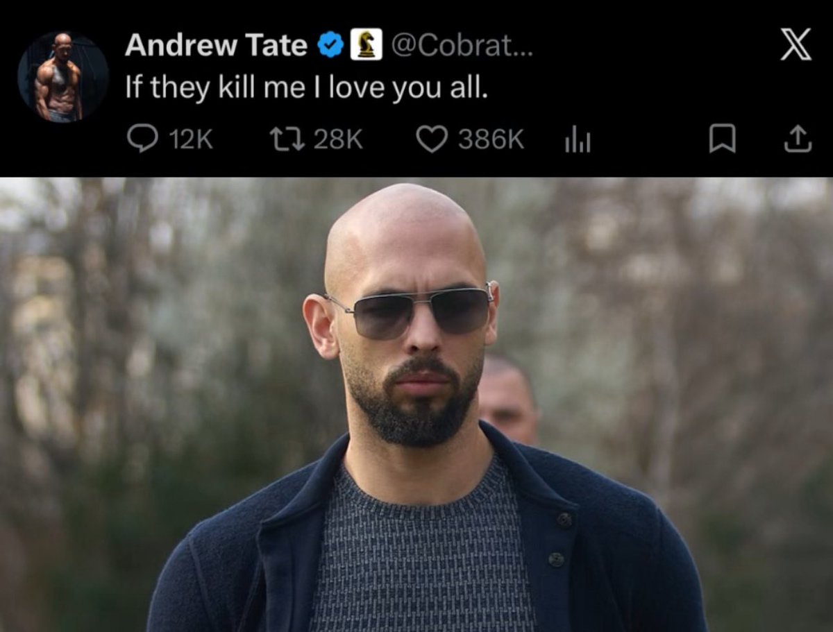neoupdateshq's tweet photo. 🚨‼️ Andrew Tate sent a TERRIFYING tweet hinting that they might k*ll him soon.

“I’m dressed in my evening’s finest and prepared to go down like a gentleman.”

Pray that the judge sets the Tates free. There lives are in danger every second that they’re in there 🙏🏻 https://t.co/ULfnmCVzD3