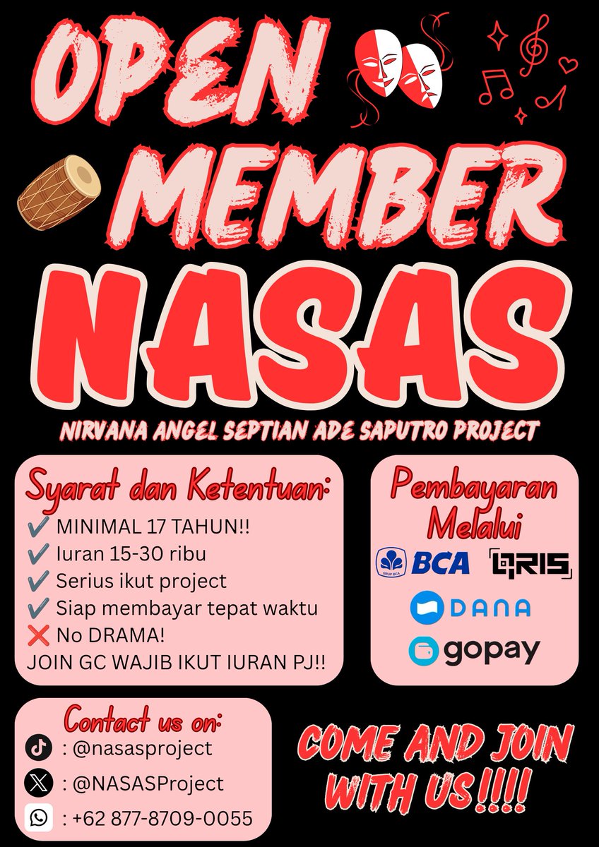 NASASProject's tweet photo. HALLO GUYS
YUK JADI BAGIAN DARI KAMI 💕💕
NIRVANA ANGELS SEPTIAN ADE SAPUTRO (NASAS) LAGI OPMEM NIHHH!! 🥳🎉👏
Syarat dan ketentuan bisa dilihat di poster yaa. Kita bakal adain project baru dan gebrakan baru nihh!!! Tunggu apalagi come and join with us!!! 😜👊🏻
See you guys 👋🏻👉🏻👈🏻 https://t.co/ZqIM2HCAT8