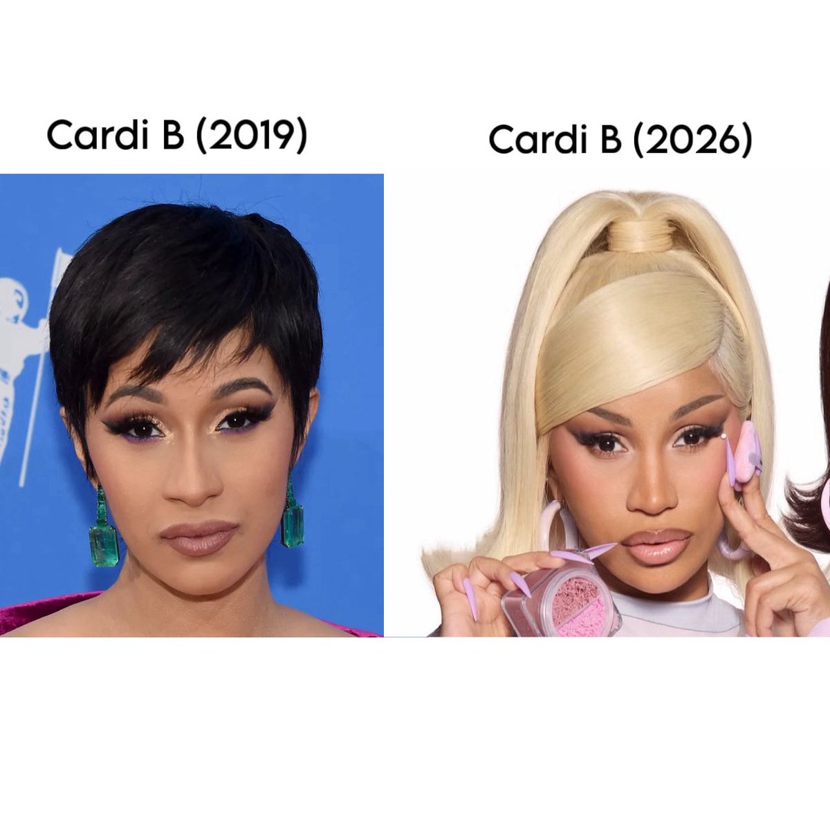 Cardiisshook's tweet photo. Too many people in the comments talking about “she looks so different” and she literally doesn’t. She changed her eyebrow shape, got her nose done, and lip filler. This ain’t a “new face” yall are just slow 🙄 https://t.co/oNgZNGw8Ou