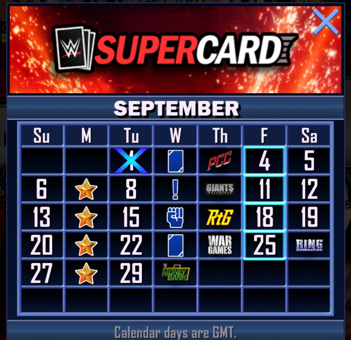 WWESCNews's tweet photo. SEPTEMBER '26 #WWESUPERCARD CALENDAR

Sept. 2 - R-Truth LE
Sept. 3 - PCC
Sept. 9 - The 100th Rarity, Centurion Rarity releases
Sept. 10 - Giants Unleashed 
Sept. 16 - Block Bash returns
Sept. 17 - Road to Glory
Sept. 23 - Solo Sikoa SE
Sept. 24 - Flash WarGames
Sept. 26 - Flash Ring Domination 
Sept. 30 - Money in the Bank event