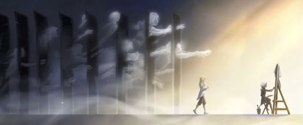 Sopitadehuevito's tweet photo. I LOVE this shot from Joseph's PV.. the souls take up most of the frame yet they're shrouded in darkness meanwhile Claude only takes a small portion yet he's brightly lit with Joseph facing him.. he was the light of Joseph's life despite only being there for a small portion of it https://t.co/GDLaaTOPXS