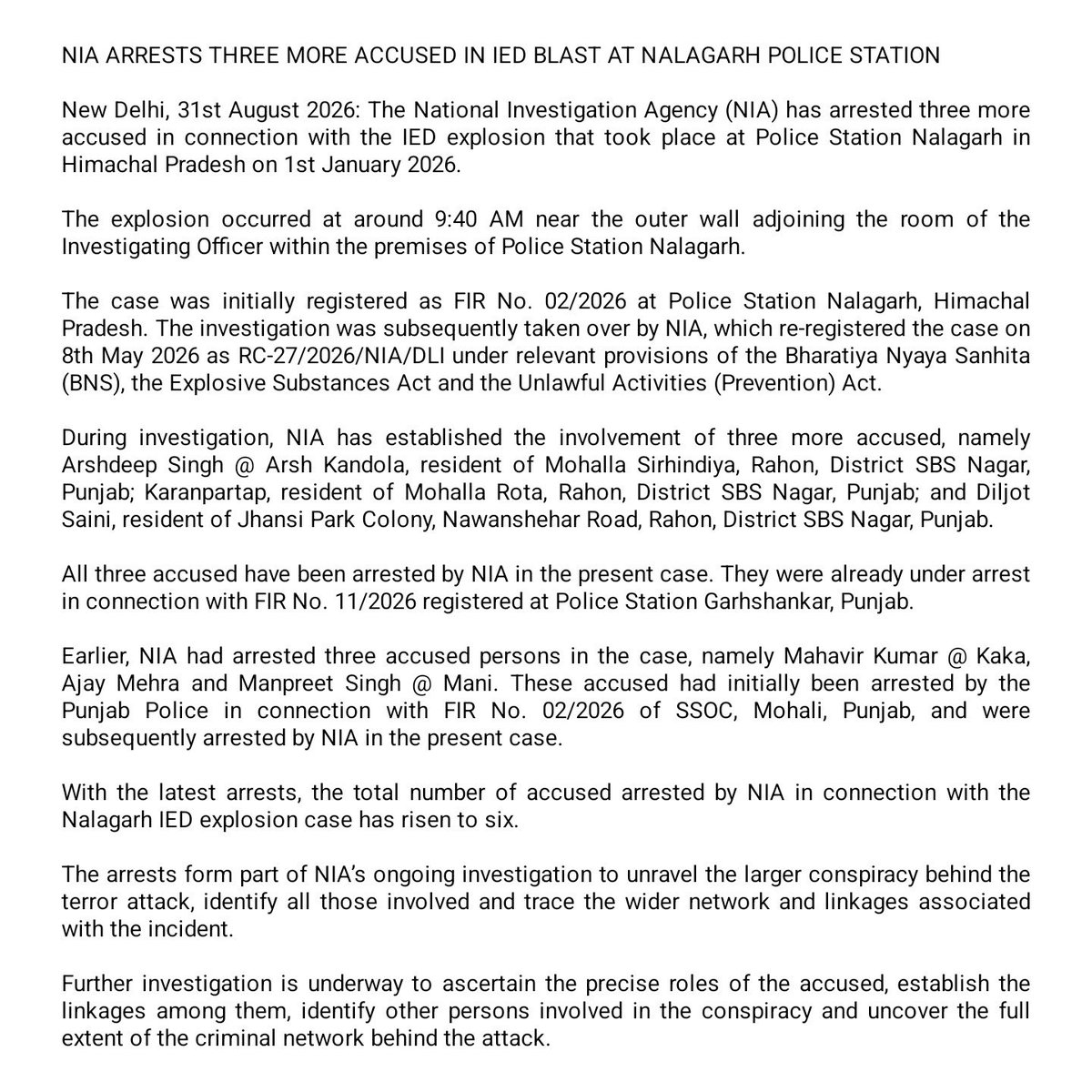 NIA_India's tweet photo. 03 more arrested in NALGARH PS IED BLAST case https://t.co/bPyFTmMveq