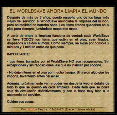 AOF_ARGENTUM's tweet photo. EL WORLDSAVE AHORA LIMPIA EL MUNDO

Después de más de 3 años, solucionamos un viejo bug: ahora cada WorldSave eliminará realmente todos los items que estén tirados en el piso.

Los items eliminados son irrecuperables. Cuiden sus cosas. #NOSETU #AOFOREVER #NUEVO #AO https://t.co/f4OswddmSr