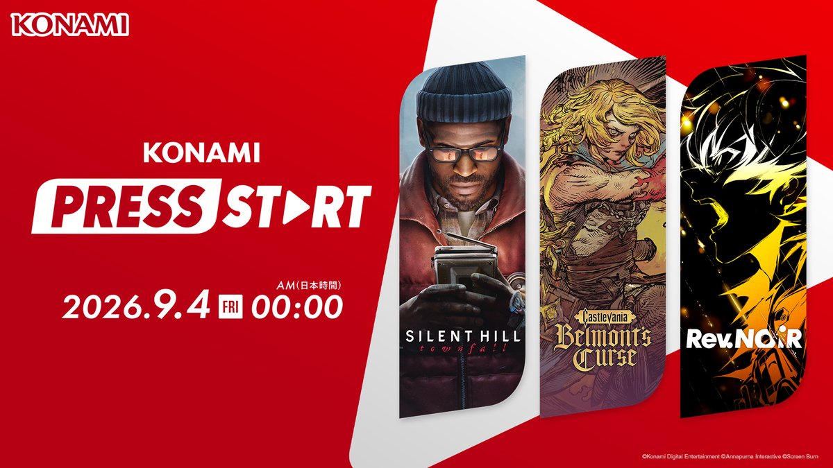 denfaminicogame's tweet photo. KONAMIの公式情報番組「KONAMI PRESS START」9月4日0時より配信決定！『SILENT HILL: Townfall』など新作の情報をお届け
https://t.co/feVmhIlcyI

10月15日発売予定の『Castlevania: Belmont’s Curse』や、新作RPG『Rev. NOiR』などがラインナップ。本番組内でのみ公開される映像も https://t.co/DaJL2pEHFC
