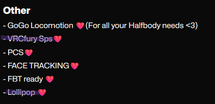 Venstews's tweet photo. @UrghBIa Do you find it appropriate for one of your moderators (@GothMommyRinny) which moderate in your YouTube and the "Cult of UrghBla" Discord server, To have a linktree on all of her platforms which links to a website page which she sells sexually explicit toggles with VRChat avatars? 

Which on top of that, Minors could access these avatars to purchase. As minors were allowed in your Discord server under the "unverfied role".

Do you also find it appropriate for you or your moderation team to ban me without any reply (without me violating any of your rules either) and, for asking why she/he has this on his or her social media platforms?

"Lolipop"- spawns an explicit, adult-themed prop in or near the avatar's mouth, groin, or hands (For ERP/ Erotic Roleplay)

"VRCfury Sps"-  This is commonly used for adult (18+) or interactive roleplay features on avatars, replacing older systems like DPS (DPS penetrator) and TPS. 

Is this acceptable to you?  #vrchat