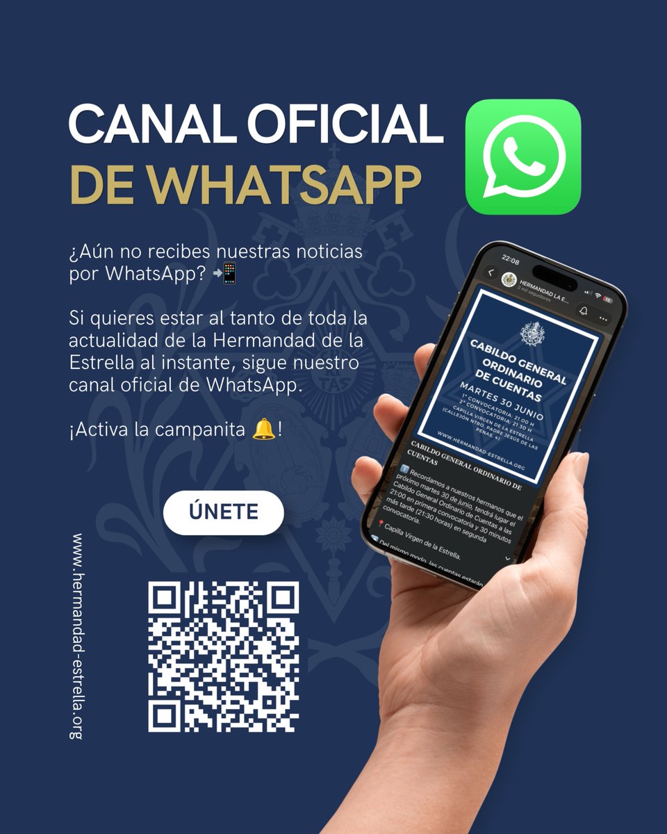 hdadlaestrella's tweet photo. 𝐂𝐀𝐍𝐀𝐋 𝐎𝐅𝐈𝐂𝐈𝐀𝐋 𝐃𝐄 𝐖𝐇𝐀𝐓𝐒𝐀𝐏𝐏

🔔 ¡Activa las notificaciones del Canal de WhatsApp!

Hermanos:

Como sabéis, este Canal de WhatsApp estará destinado para todas las comunicaciones oficiales de la Hermandad y esta será la última que se realice desde esta lista de difusión.

🔗 Enlace al canal: https://t.co/l7KF7OH0kD

Para asegurarte de que no te pierdes ningún aviso importante, es muy recomendable que actives la campanita de notificaciones del canal y te llegarán como hasta ahora.

✅ ¡Es muy fácil y solo te llevará unos segundos!