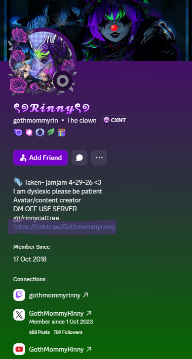 Venstews's tweet photo. @UrghBIa Do you find it appropriate for one of your moderators (@GothMommyRinny) which moderate in your YouTube and the "Cult of UrghBla" Discord server, To have a linktree on all of her platforms which links to a website page which she sells sexually explicit toggles with VRChat avatars? 

Which on top of that, Minors could access these avatars to purchase. As minors were allowed in your Discord server under the "unverfied role".

Do you also find it appropriate for you or your moderation team to ban me without any reply (without me violating any of your rules either) and, for asking why she/he has this on his or her social media platforms?

"Lolipop"- spawns an explicit, adult-themed prop in or near the avatar's mouth, groin, or hands (For ERP/ Erotic Roleplay)

"VRCfury Sps"-  This is commonly used for adult (18+) or interactive roleplay features on avatars, replacing older systems like DPS (DPS penetrator) and TPS. 

Is this acceptable to you?  #vrchat