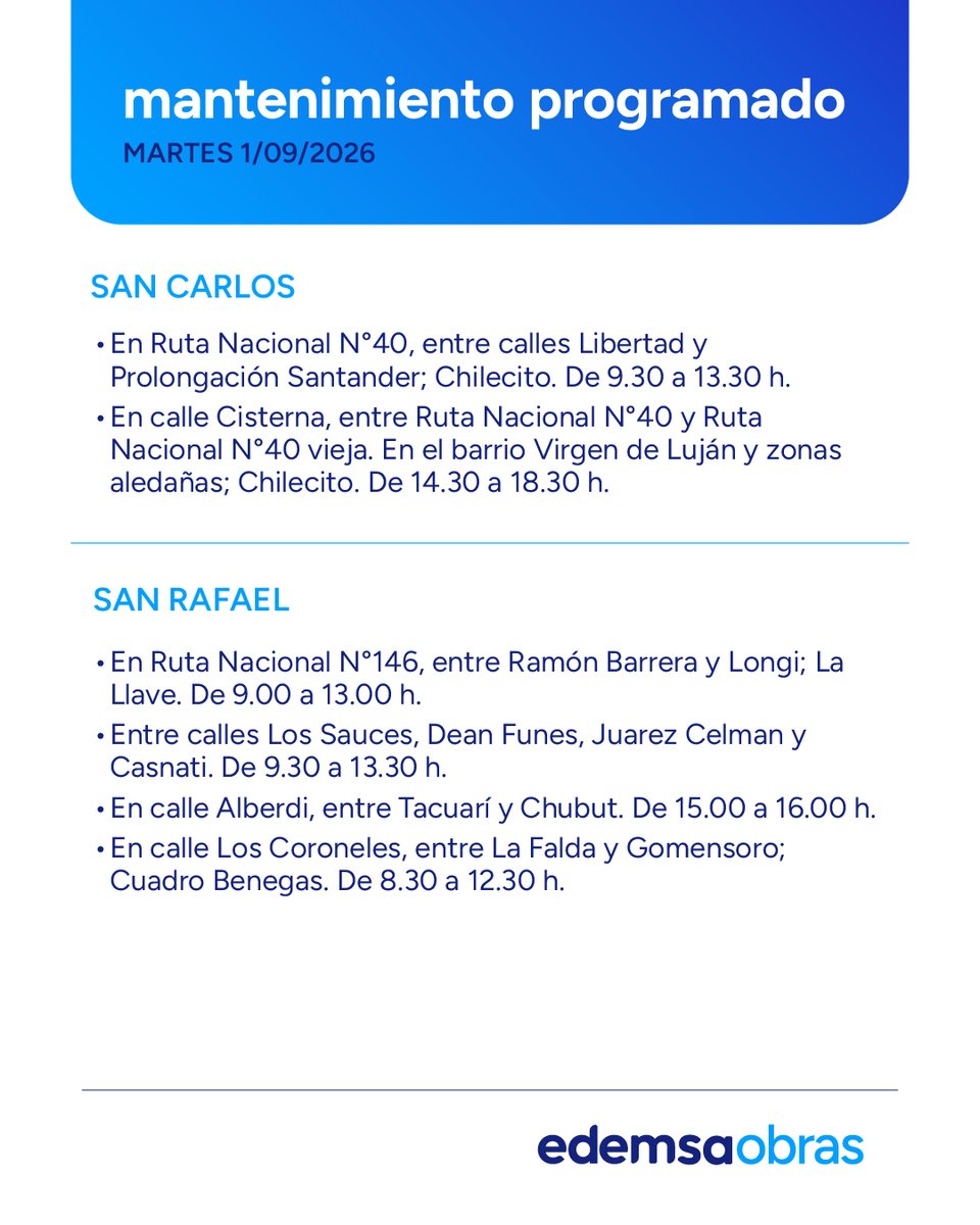 Edemsa's tweet photo. ⚠️ Mantenimiento Programado #Edemsa
Martes 1 de Septiembre
Afectación del servicio en las siguientes zonas y horarios.
Recordá que podés consultar la semana de #Mantenimiento2026 en nuestra web https://t.co/LvUYqqvurR https://t.co/JXRgQomaFj