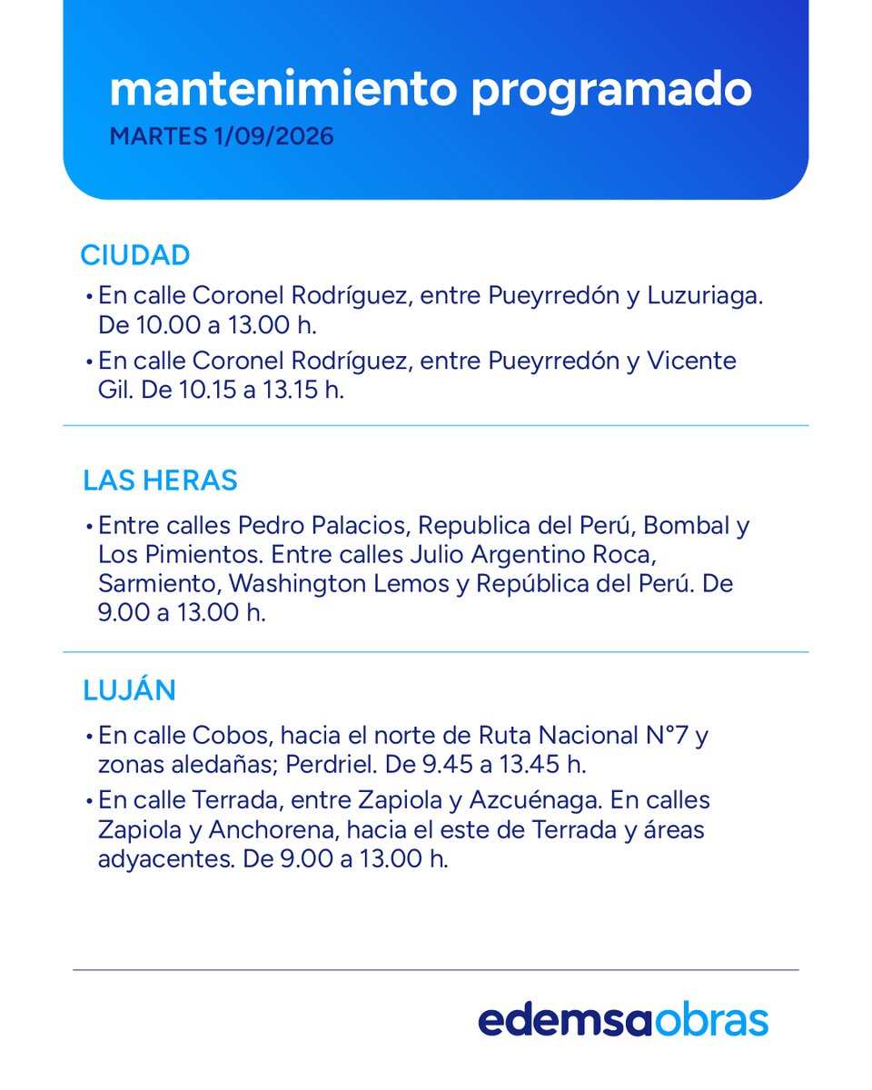 Edemsa's tweet photo. ⚠️ Mantenimiento Programado #Edemsa
Martes 1 de Septiembre
Afectación del servicio en las siguientes zonas y horarios.
Recordá que podés consultar la semana de #Mantenimiento2026 en nuestra web https://t.co/LvUYqqvurR https://t.co/JXRgQomaFj
