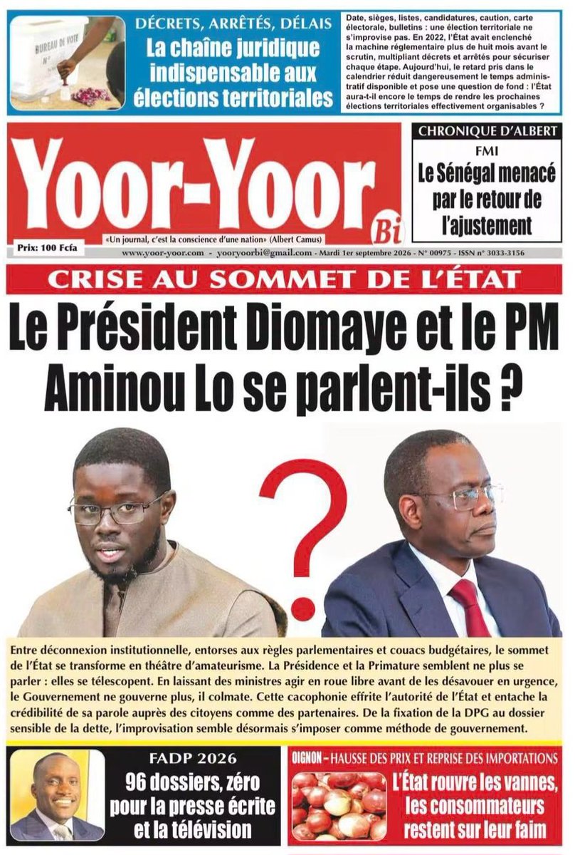 Yoor_Yoor_Bi's tweet photo. La Une de Yoor-Yoor Bi de ce mardi 01 Septembre 2026
À vos kiosques et bonne lecture!
#Bu_Baax_Bi  #Yoor_Yoor_Bi https://t.co/9ExTJ3QodV